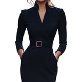 Marina | Vestido negro refinado con cinturón y cuello mandarín